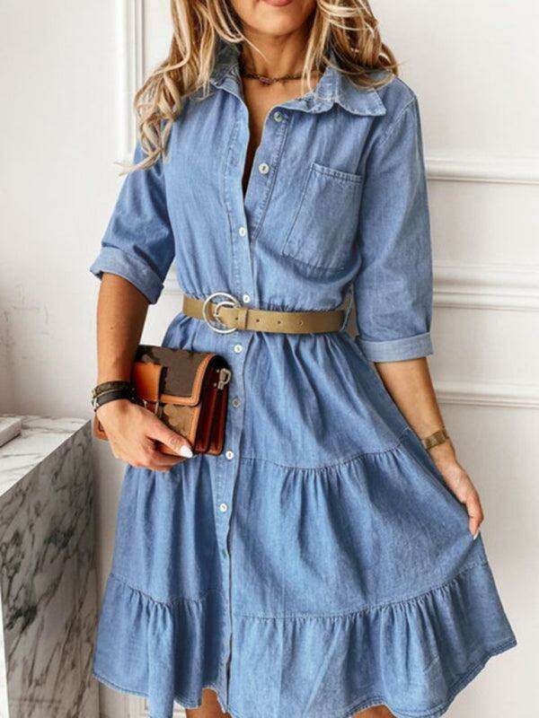 Chic Lapel Denim Midi Dress with Button-Up Front