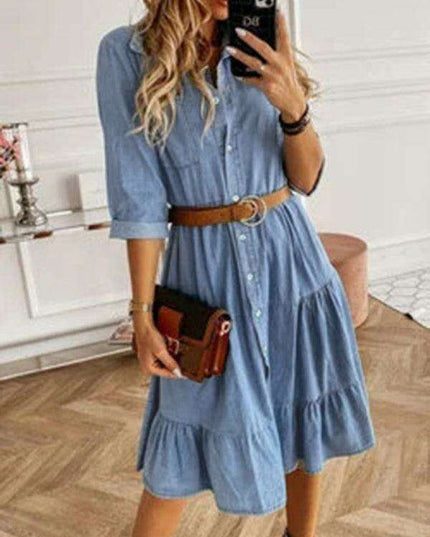Chic Lapel Denim Midi Dress with Button-Up Front