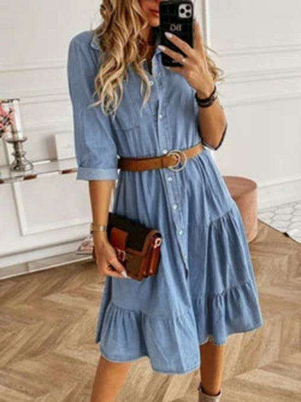 Chic Lapel Denim Midi Dress with Button-Up Front