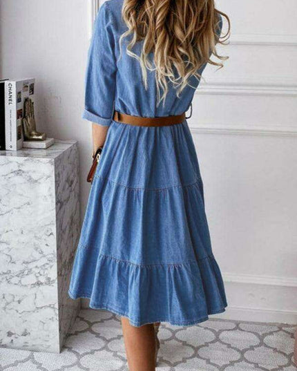 Chic Lapel Denim Midi Dress with Button-Up Front