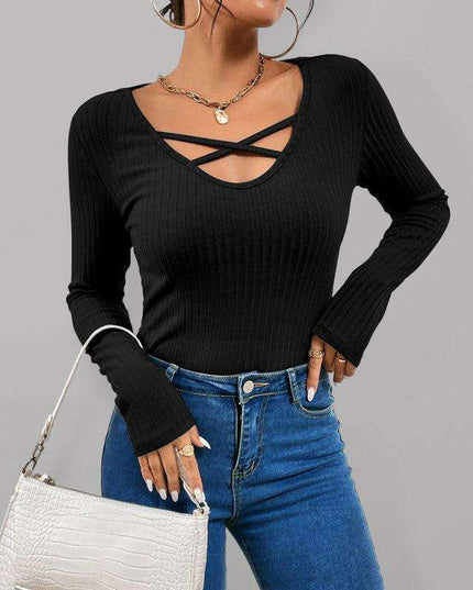 Ribbed Long Sleeve Top with Chic Keyhole and Crossed Strap Design for Women