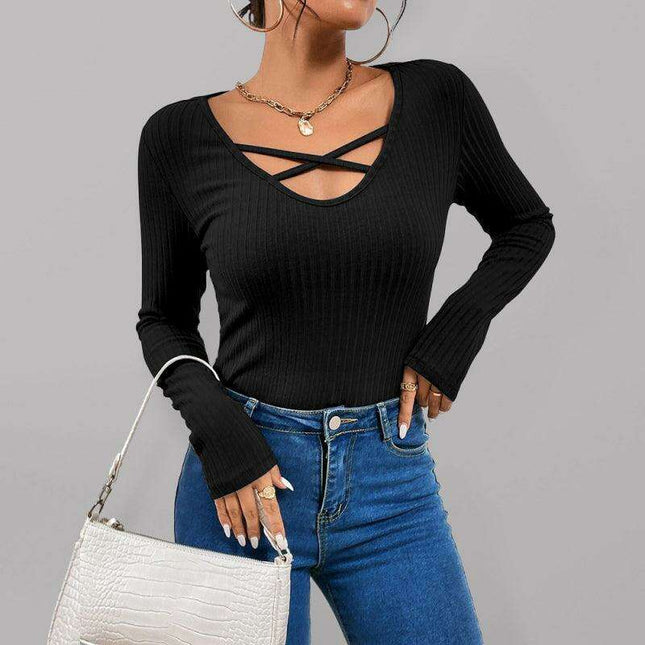 Ribbed Long Sleeve Top with Chic Keyhole and Crossed Strap Design for Women