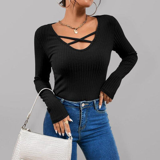 Cross Strap Ribbed Long Sleeve Top with Keyhole Neckline for Women