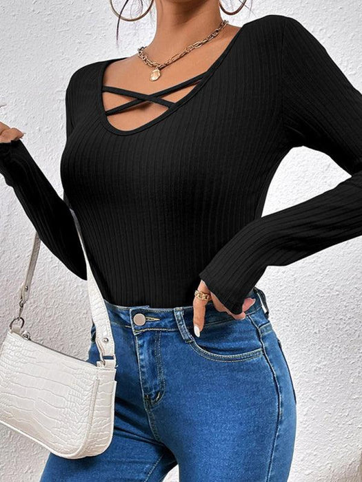 Ribbed Cross Strap Long Sleeve Top for Women
