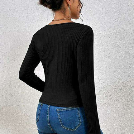Ribbed Long Sleeve Top with Chic Keyhole and Crossed Strap Design for Women