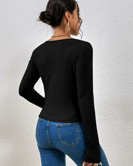 Ribbed Long Sleeve Top with Chic Keyhole and Crossed Strap Design for Women