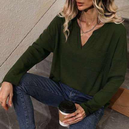 Chic V-Neck Long Sleeve Jersey Top for Women - Essential Casual Style - Spring-Summer Collection
