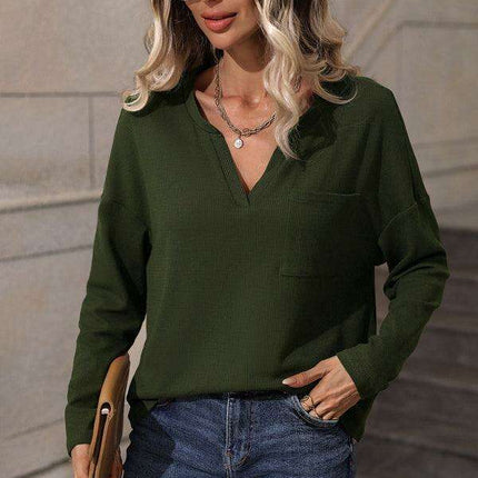 Chic V-Neck Long Sleeve Jersey Top for Women - Essential Casual Style - Spring-Summer Collection