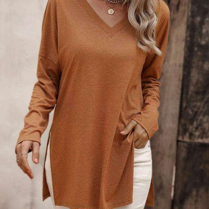 Elegant V Neck Longline Tee with Side Slits - Women's Essential Casual Wear