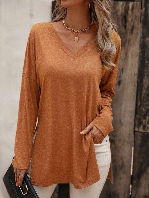 Elegant V Neck Longline Tee with Side Slits - Women's Essential Casual Wear