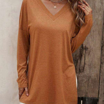 Elegant V Neck Longline Tee with Side Slits - Women's Essential Casual Wear