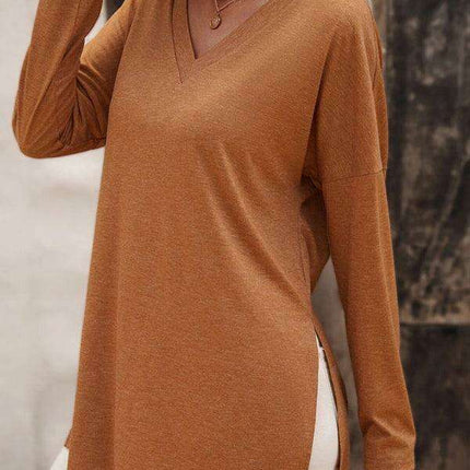 Elegant V Neck Longline Tee with Side Slits - Women's Essential Casual Wear