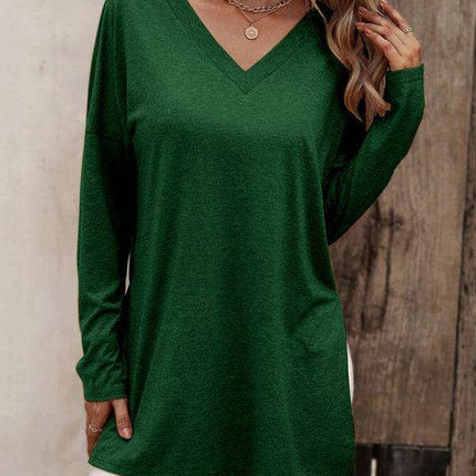 Elegant V Neck Longline Tee with Side Slits - Women's Essential Casual Wear