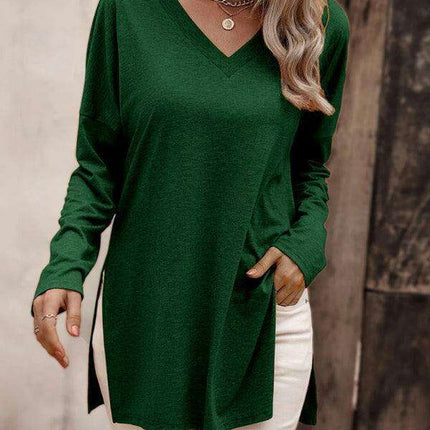Elegant V Neck Longline Tee with Side Slits - Women's Essential Casual Wear