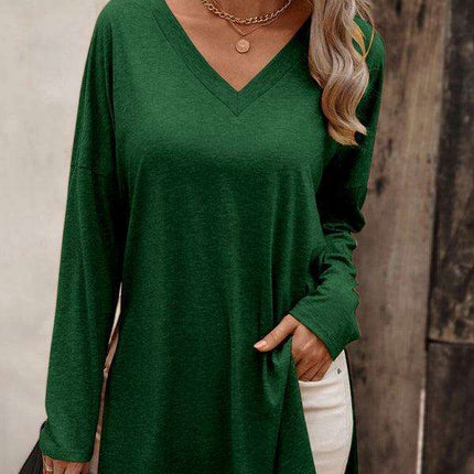 Elegant V Neck Longline Tee with Side Slits - Women's Essential Casual Wear