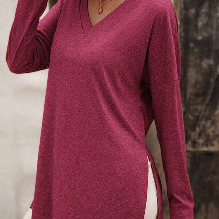 Elegant V Neck Longline Tee with Side Slits - Women's Essential Casual Wear