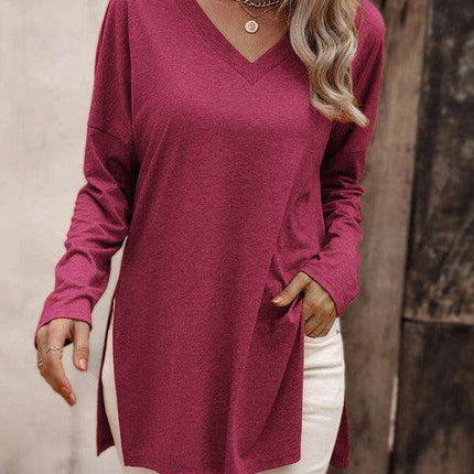 Elegant V Neck Longline Tee with Side Slits - Women's Essential Casual Wear