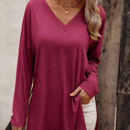 Elegant V Neck Longline Tee with Side Slits - Women's Essential Casual Wear