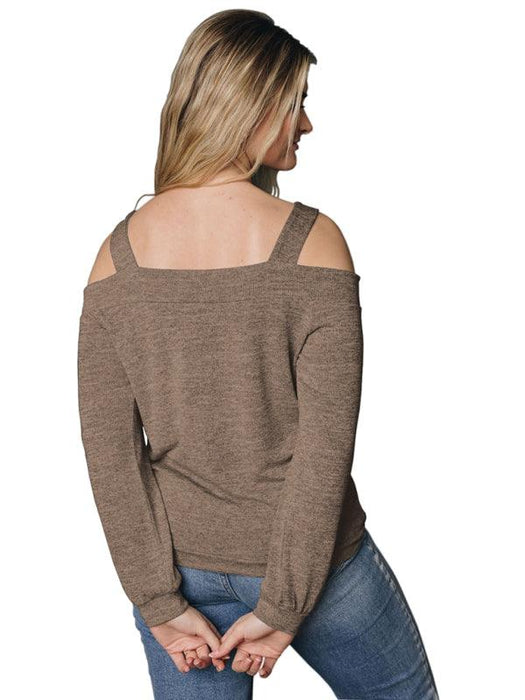 Cold Shoulder Cut Out Women's Long Sleeve T-shirt with Self-Design Pattern