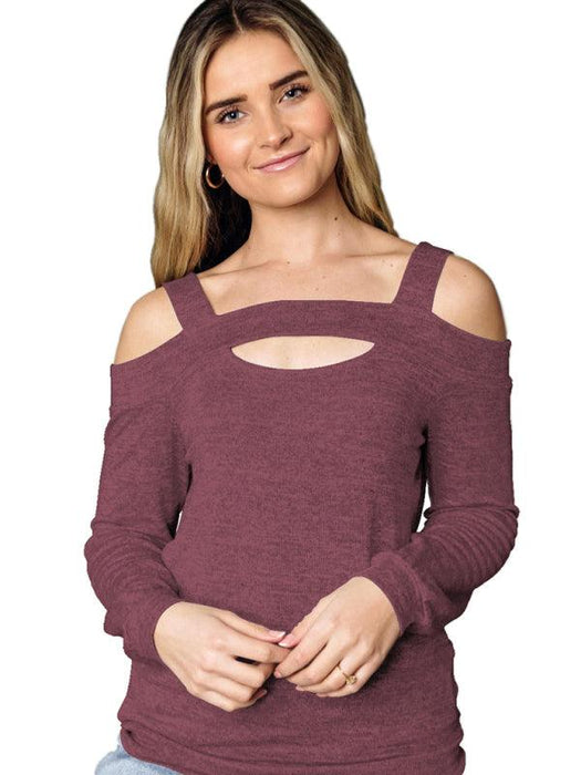 Cold Shoulder Cut Out Women's Long Sleeve T-shirt with Self-Design Pattern