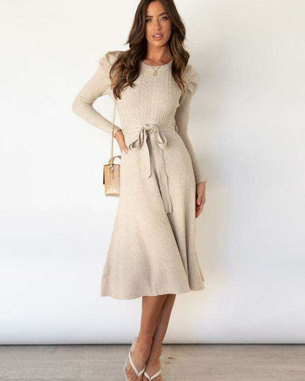 Elegant Belted Cable Knit Sweater Dress - Women's Chic Fashion