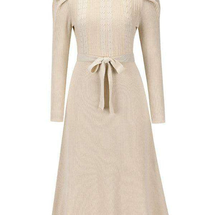 Elegant Belted Cable Knit Sweater Dress - Women's Chic Fashion