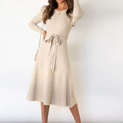Elegant Belted Cable Knit Sweater Dress - Women's Chic Fashion