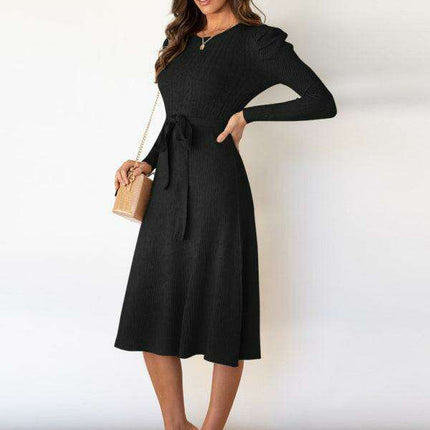 Elegant Belted Cable Knit Sweater Dress - Women's Chic Fashion
