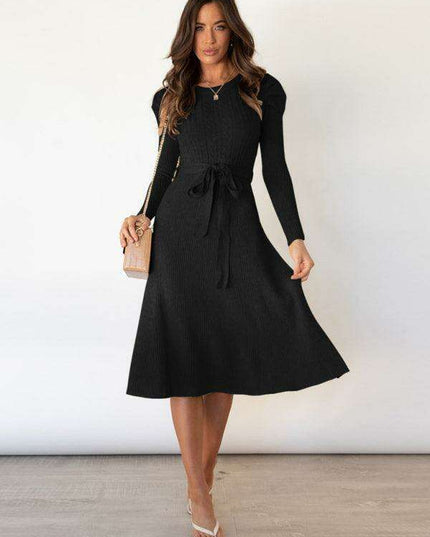Elegant Belted Cable Knit Sweater Dress - Women's Chic Fashion