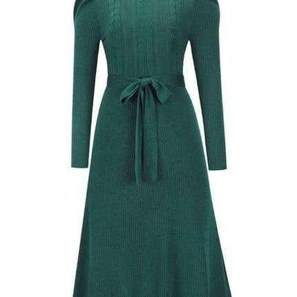 Elegant Belted Cable Knit Sweater Dress - Women's Chic Fashion