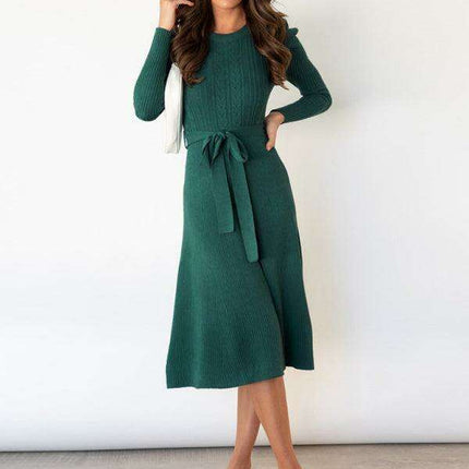 Elegant Belted Cable Knit Sweater Dress - Women's Chic Fashion