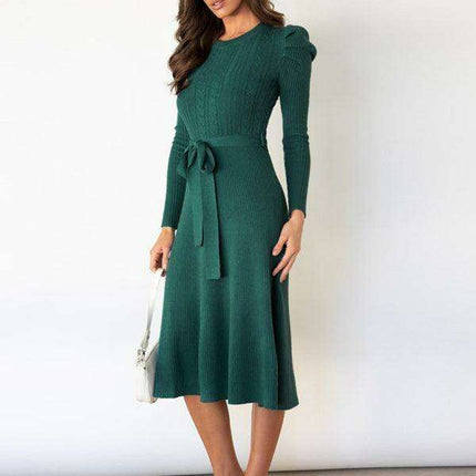 Elegant Belted Cable Knit Sweater Dress - Women's Chic Fashion