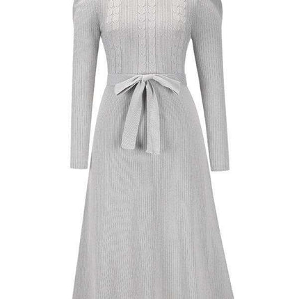 Elegant Belted Cable Knit Sweater Dress - Women's Chic Fashion