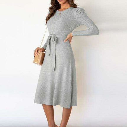 Elegant Belted Cable Knit Sweater Dress - Women's Chic Fashion
