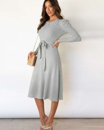 Elegant Belted Cable Knit Sweater Dress - Women's Chic Fashion