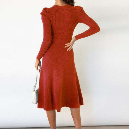 Elegant Belted Cable Knit Sweater Dress - Women's Chic Fashion