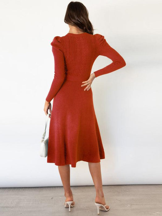 Jakoto | Women's Belted Cable Knit Ruffle Midi Sweater Dress