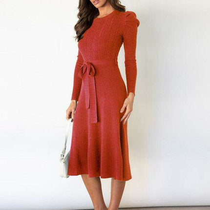 Elegant Belted Cable Knit Sweater Dress - Women's Chic Fashion