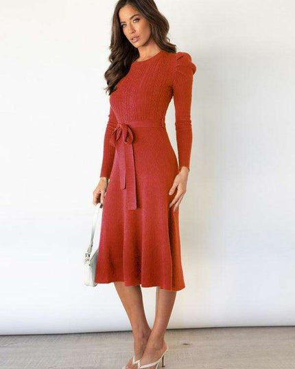 Elegant Belted Cable Knit Sweater Dress - Women's Chic Fashion
