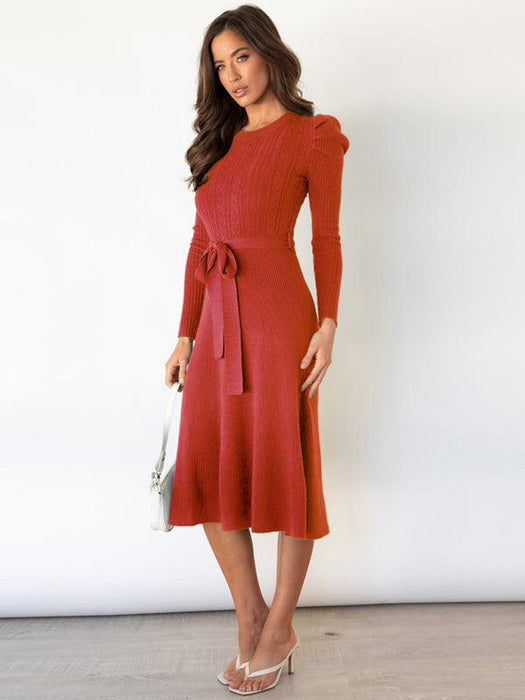 Jakoto | Women's Belted Cable Knit Ruffle Midi Sweater Dress
