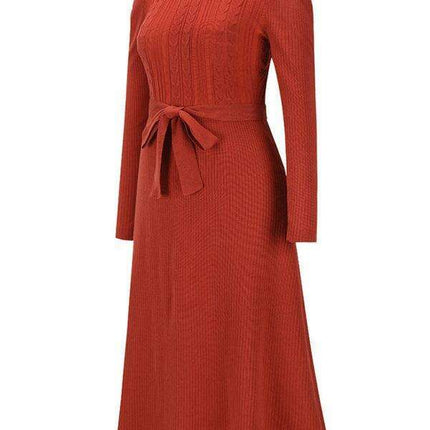 Elegant Belted Cable Knit Sweater Dress - Women's Chic Fashion