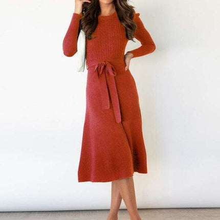 Elegant Belted Cable Knit Sweater Dress - Women's Chic Fashion