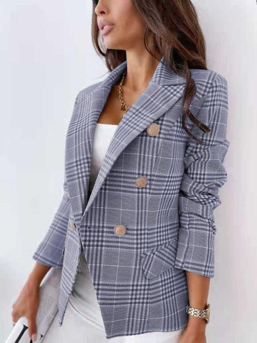 Elegant Checkmate | Tailored Plaid Double-Breasted Blazer for Women