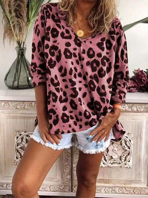 Women's V-neck Leopard Print Oversize Sweatshirt-kakaclo-Pink-S-Très Elite