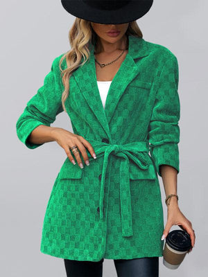 Women's Solid Color Tie Waist Checkerboard Corduroy Blazer-kakaclo-Green-S-Très Elite