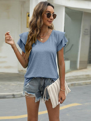 Summer new solid color V-neck double layer ruffled sleeve loose top t-shirt-kakaclo-Blue-S-Très Elite