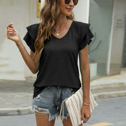 Lotus Blossom Elegant Ruffle Sleeve V-Neck Top by JakotoSummer