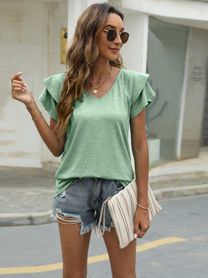 Summer new solid color V-neck double layer ruffled sleeve loose top t-shirt-kakaclo-Grey green-S-Très Elite