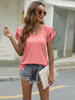 Summer new solid color V-neck double layer ruffled sleeve loose top t-shirt-kakaclo-Pink-S-Très Elite