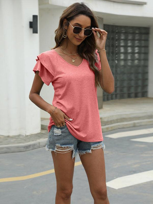 JakotoSummer Solid V-Neck Ruffle Sleeve Loose Top T-Shirt with Double Layer